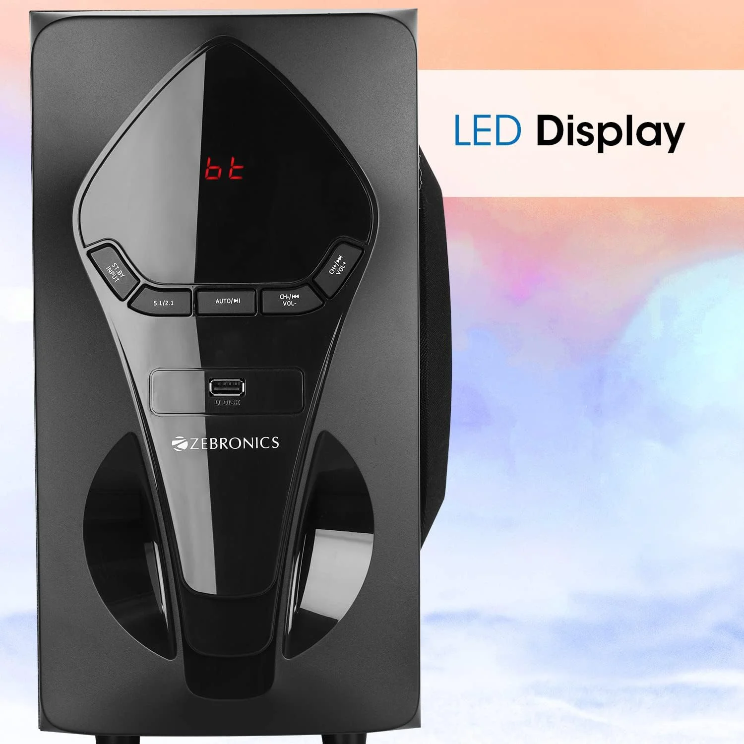 اسپیکر سینمای خانگی 5.1 زبرونیکس (بازسازی شده) مدل BT7591RUCF با ساب ووفر 5.25 اینچی، توان خروجی 95 وات RMS، بلوتوث 5.0، قابلیت نصب روی دیوار، صدای فراگیر AC-3، ورودی میکروفون دوگانه، کنترل از راه دور و نمایشگر LED