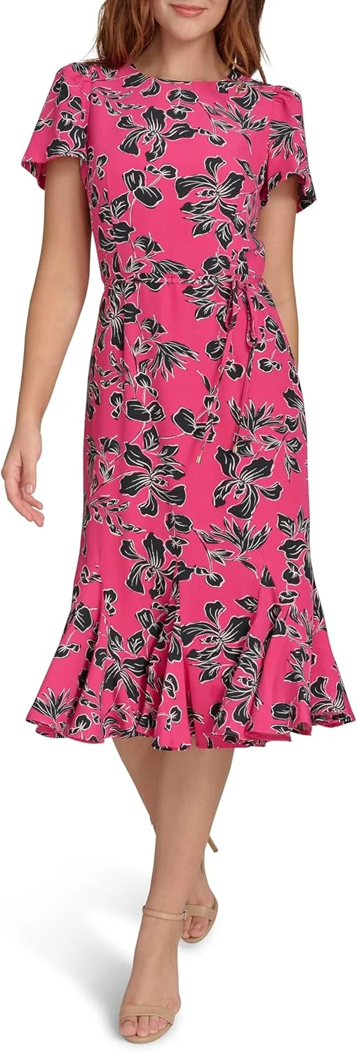 پیراهن زنانه تامی هیلفیگر مدل دامن ترومپت کمربند دار با پارچه کشی (تک عددی)