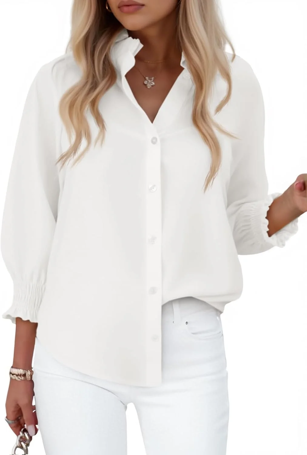 پیراهن زنانه Cicy Bell دکمه دار، آستین سه ربع، یقه چین دار، بلوز مجلسی و غیر رسمی