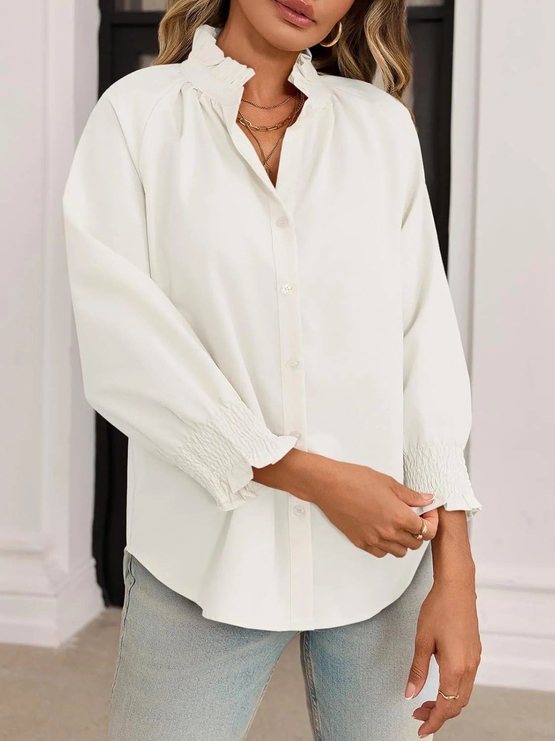 پیراهن زنانه Cicy Bell دکمه دار، آستین سه ربع، یقه چین دار، بلوز مجلسی و غیر رسمی