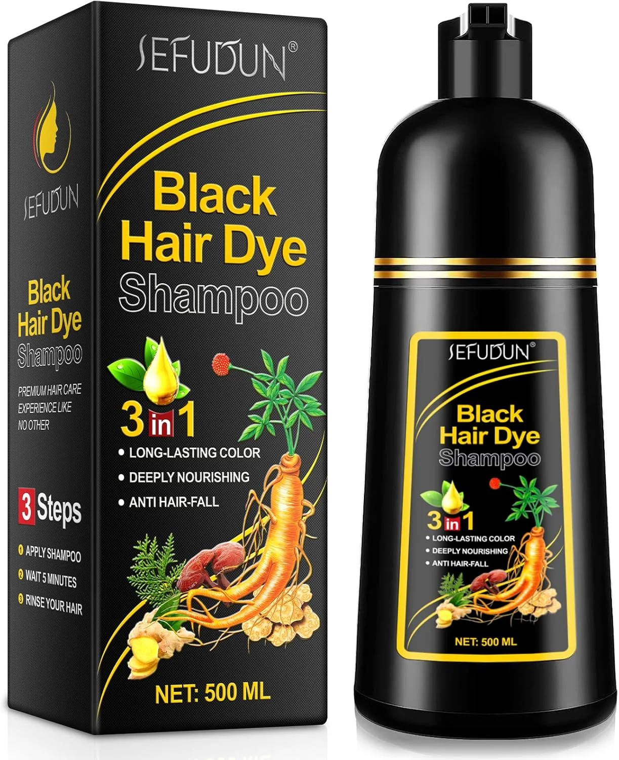 شامپو رنگ مو گیاهی 3 در 1، محلول رنگ موی مشکی طبیعی برای زنان و مردان، شامپو رنگ موی گیاهی مغذی عمیق
