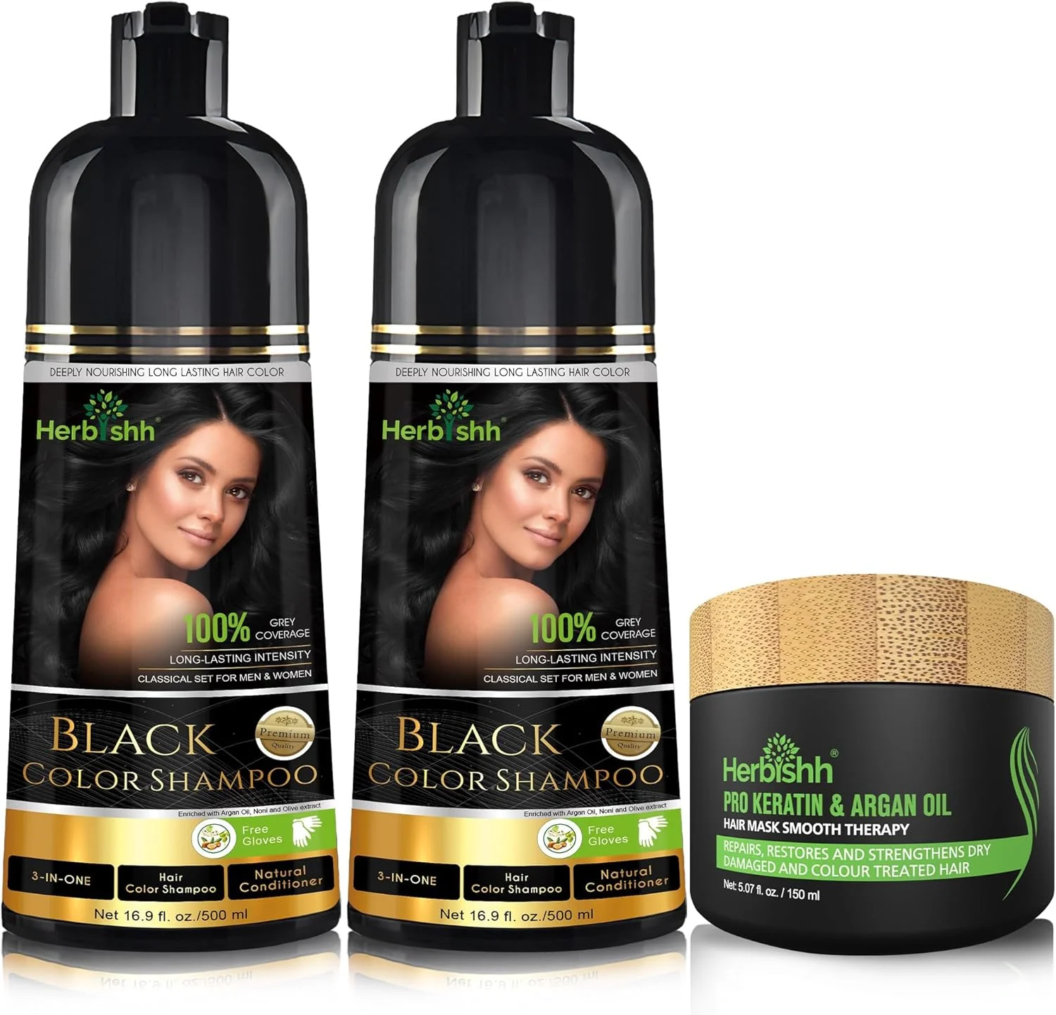 مجموعه ترکیبی هربیش – 2 عدد شامپو رنگ مو برای موهای سفید + 1 عدد ماسک مو آرگان اینتنس – شامپو رنگ مو – رنگ کردن مو در چند دقیقه – رنگ ماندگار – 500 میلی لیتر – تحریک موهای خشک و وز (مشکی)