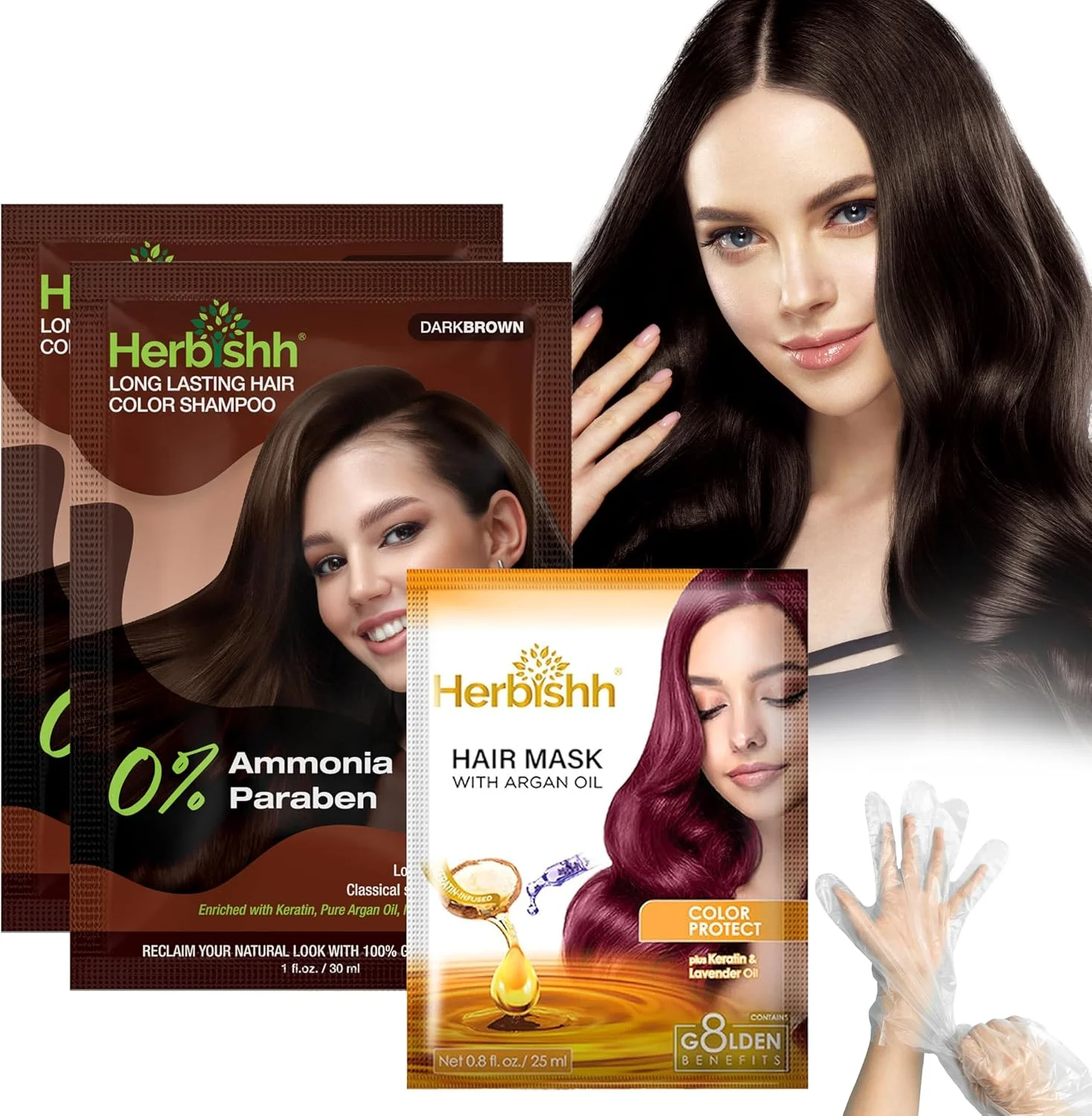 شامپو رنگ موی قهوه ای تیره هربیش برای موهای سفید، شامپو رنگ مو 3 در 1، پوشش 100% موهای سفید برای آقایان و بانوان، ماندگاری طولانی و مناسب مسافرت، بدون آمونیاک، 30 میلی لیتر (بسته 2 عددی)