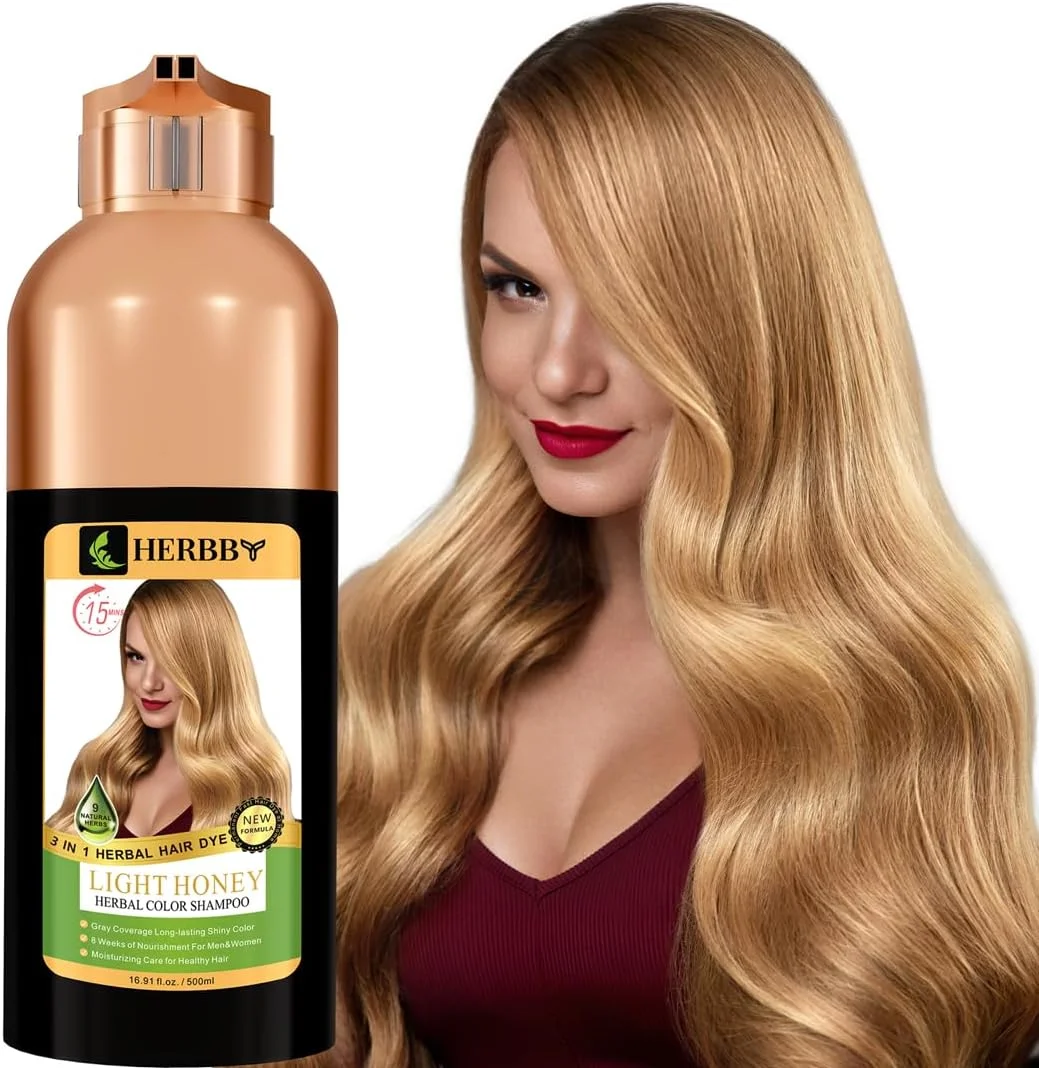 شامپو رنگ مو هرببی برای پوشش موهای سفید و تغییر رنگ مو با 9 عصاره گیاهی - ماندگاری طولانی (6-8 هفته)، براق، رنگ یکنواخت، شامپو و نرم کننده رنگ مو فوری، 500 میلی لیتر (رنگ عسلی روشن)