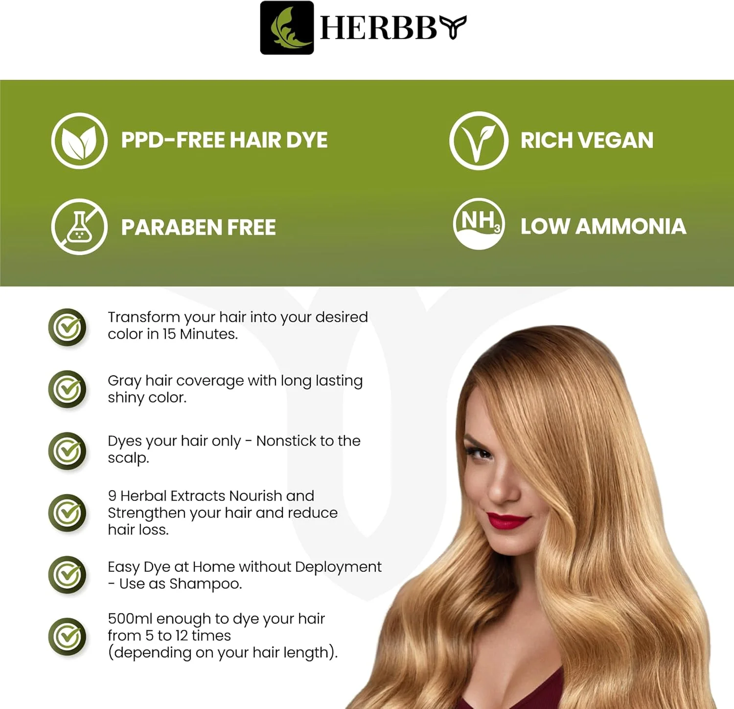 شامپو رنگ مو هرببی برای پوشش موهای سفید و تغییر رنگ مو با 9 عصاره گیاهی - ماندگاری طولانی (6-8 هفته)، براق، رنگ یکنواخت، شامپو و نرم کننده رنگ مو فوری، 500 میلی لیتر (رنگ عسلی روشن)