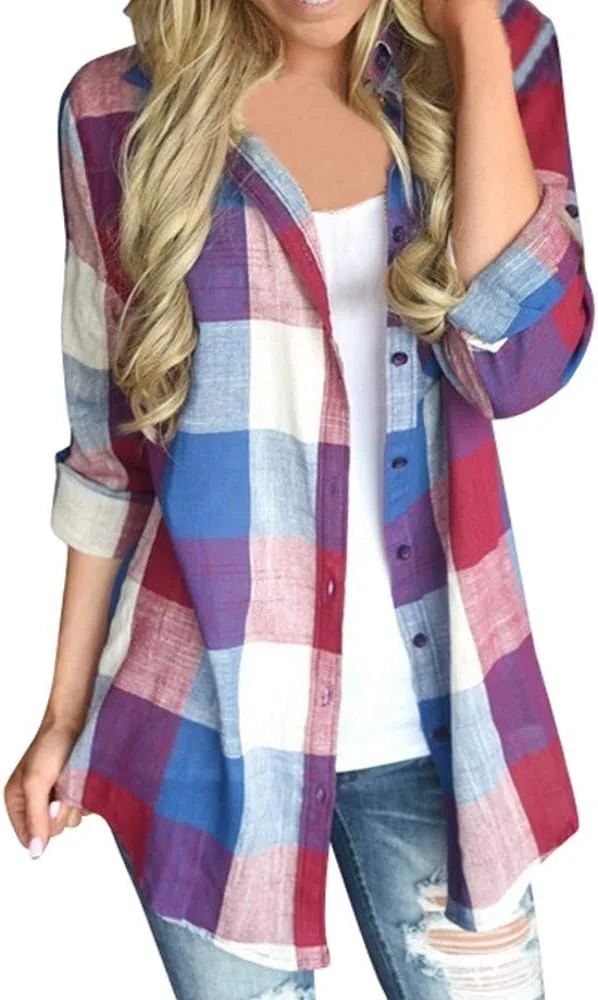 فنکل پیراهن چهارخانه آستین بلند زنانه، بلوز تونیک دکمه دار یقه دار غیر رسمی