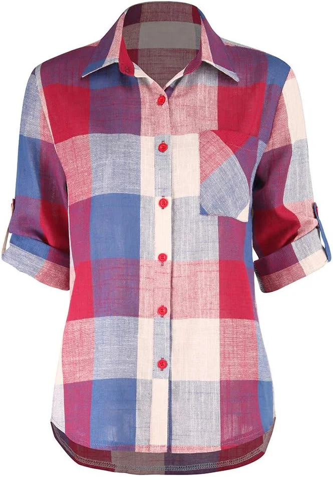 فنکل پیراهن چهارخانه آستین بلند زنانه، بلوز تونیک دکمه دار یقه دار غیر رسمی