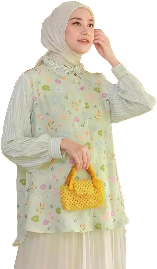 پیراهن زنانه مسلمان FANMUDREES یقه برگردان دکمه دار (بدون حجاب) طرح دار پنل آزاد بلوز راه راه مدل S1076 پیراهن زنانه مسلمان FANMUDREES یقه برگردان دکمه دار (بدون حجاب) طرح دار پنل آزاد بلوز راه راه مدل S1076