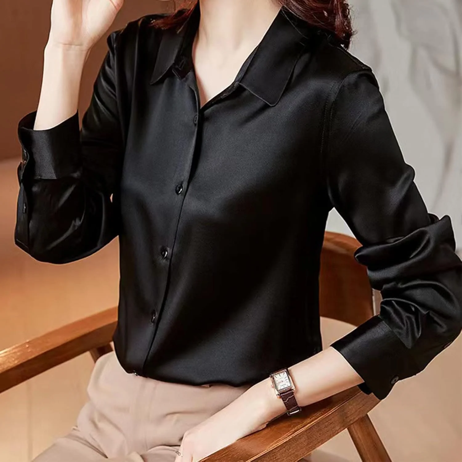 بلوز ابریشمی دکمه دار ساتن مد روز، بلوز زنانه آستین بلند، پیراهن های خیابانی گشاد زنانه، تاپ های مناسب کار در دفتر