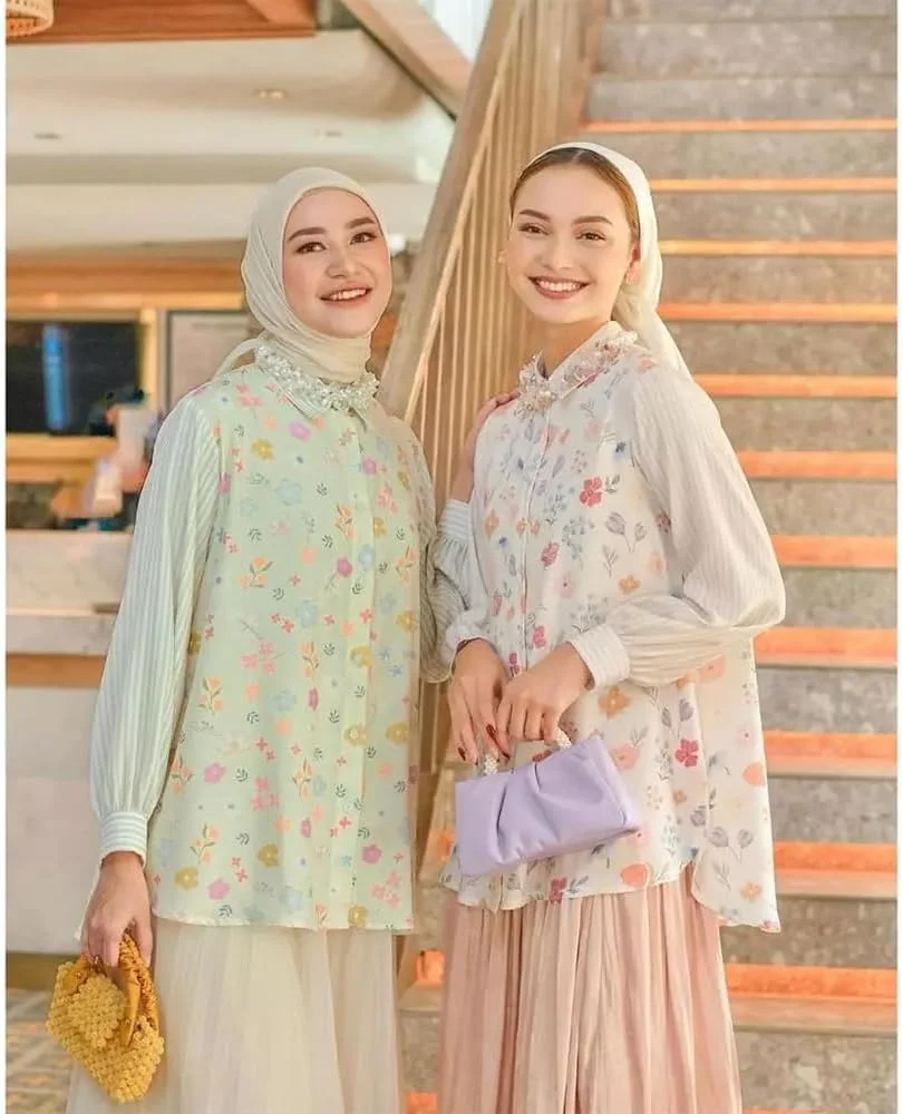 پیراهن زنانه مسلمان FANMUDREES یقه برگردان دکمه دار (بدون حجاب) طرح دار پنل آزاد بلوز راه راه مدل S1076