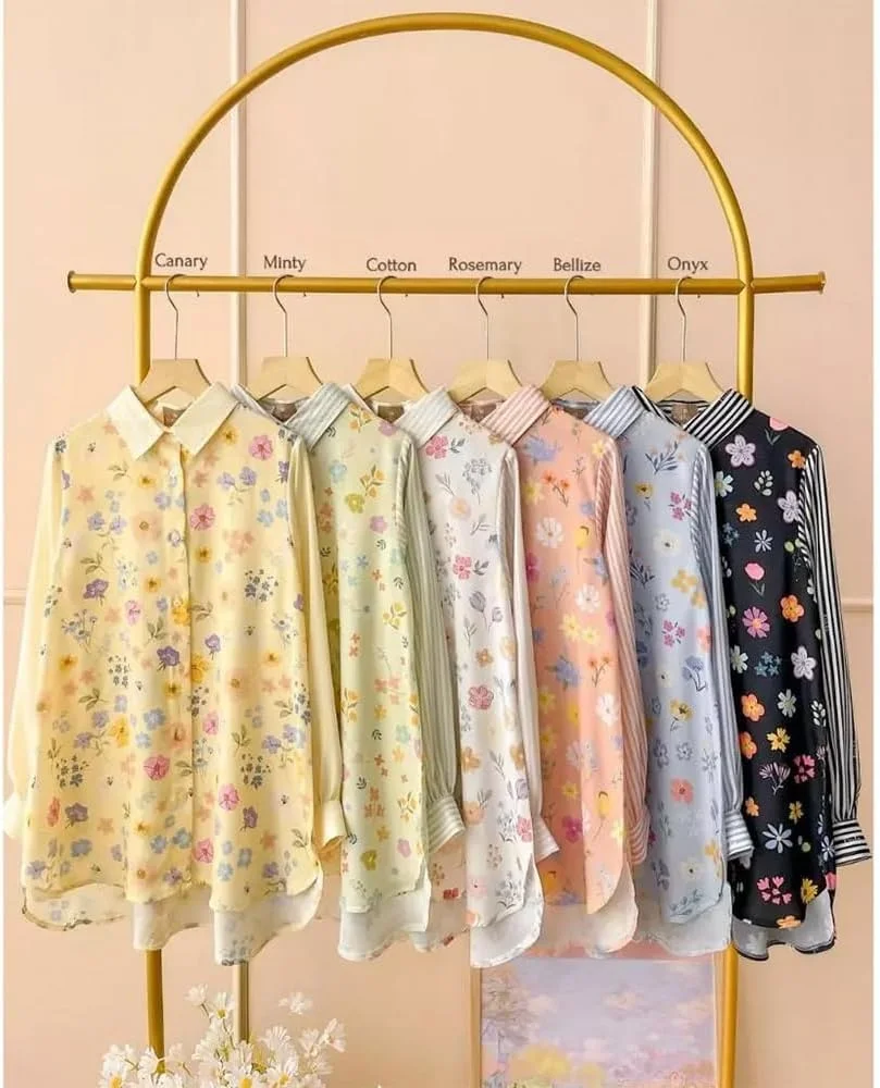 پیراهن زنانه مسلمان FANMUDREES یقه برگردان دکمه دار (بدون حجاب) طرح دار پنل آزاد بلوز راه راه مدل S1076