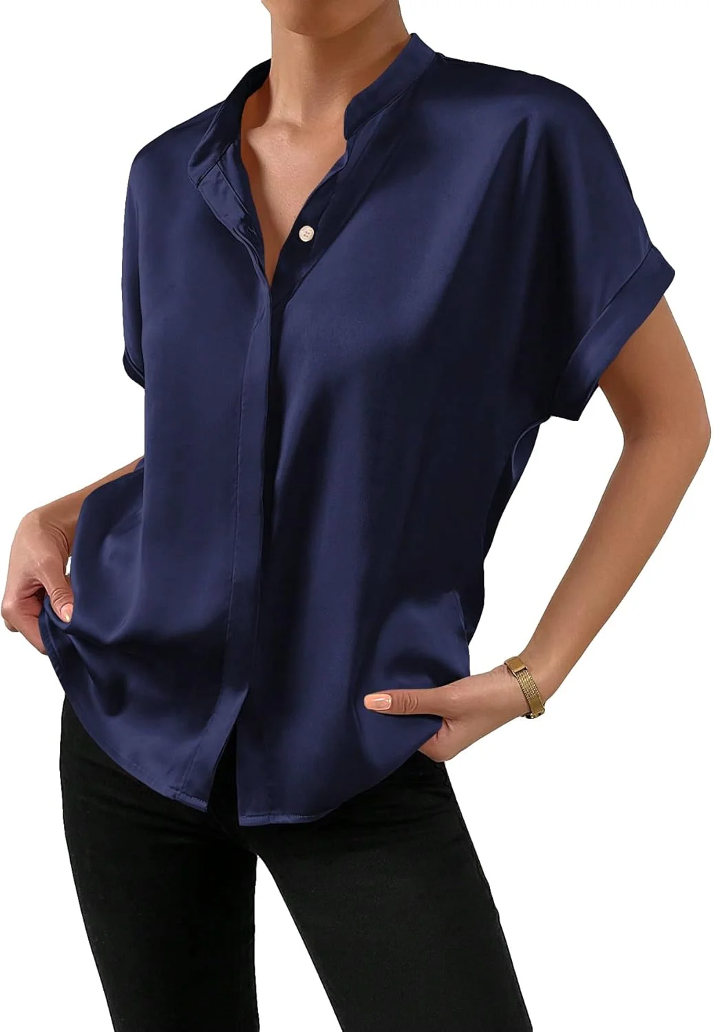 GORGLITTER بلوز زنانه ساتن دکمه دار آستین کوتاه ابریشمی، مناسب کار، اداره و استفاده روزمره