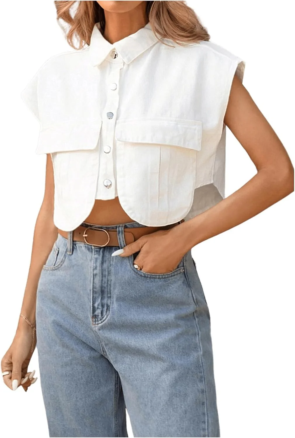 GORGLITTER بلوز دکمه دار زنانه، آستین کوتاه، یقه دار، مدل کراپ، دارای جیب و طراحی نامتقارن