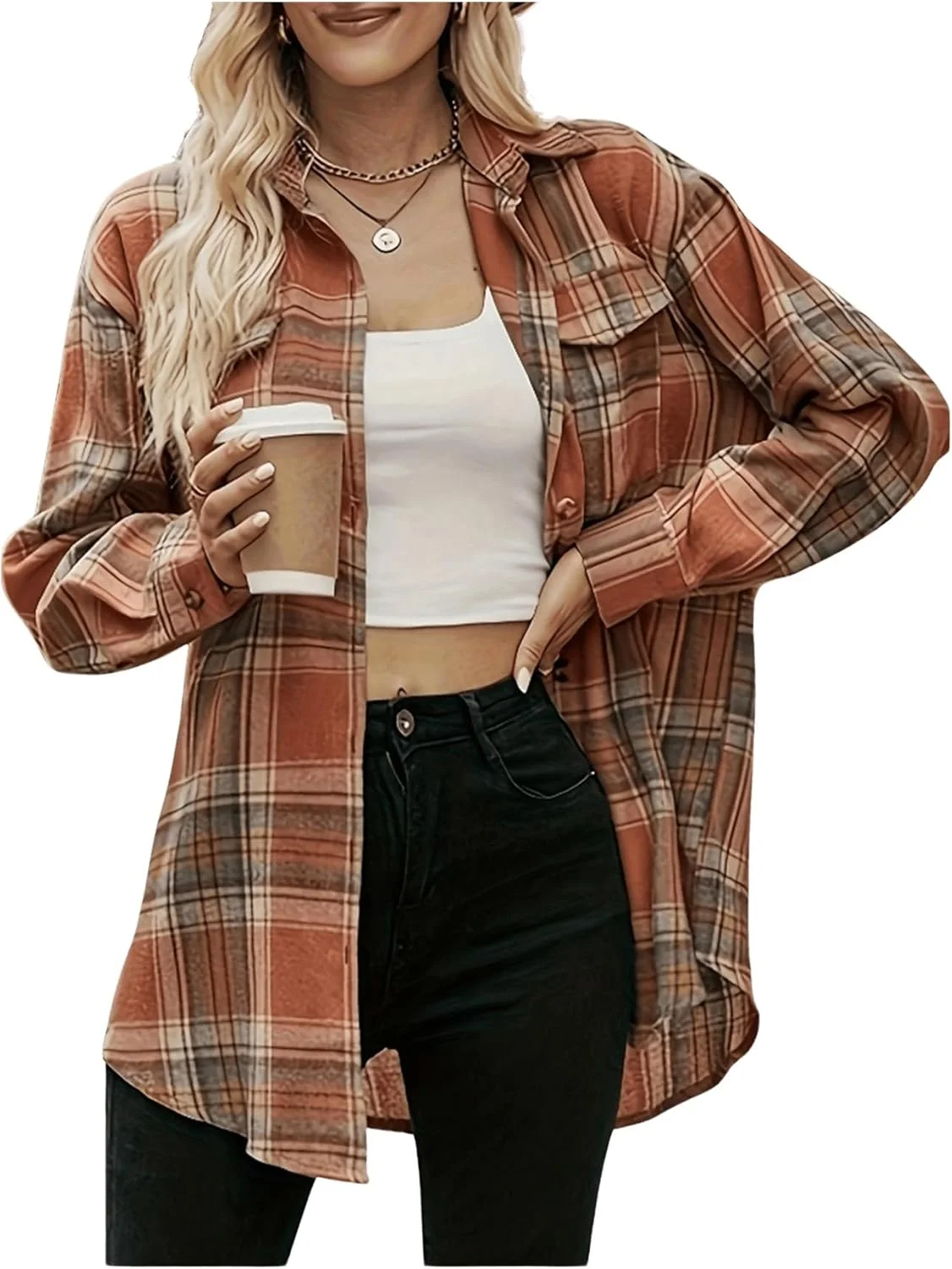 GORGLITTER بلوز آستین بلند دکمه دار چهارخانه زنانه با یقه و جیب