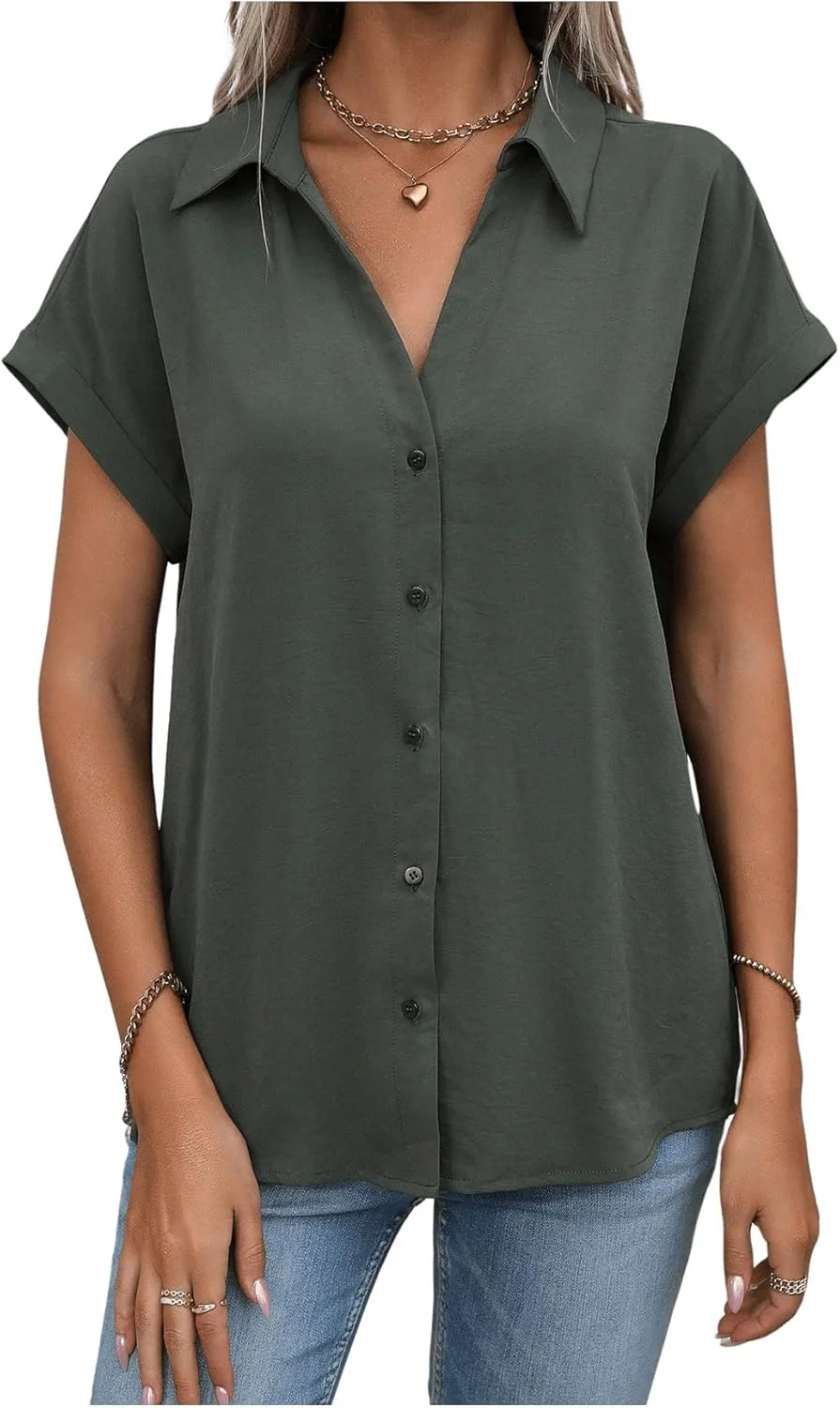 بلوز آستین کوتاه زنانه GORGLITTER دکمه دار یقه دار مناسب تابستان