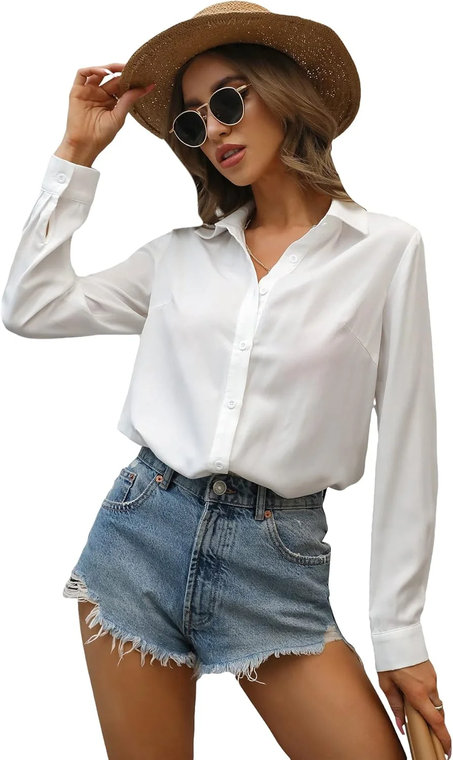 پیراهن زنانه GORGLITTER یقه دکمه دار آستین بلند بلوز تاپ غیر رسمی