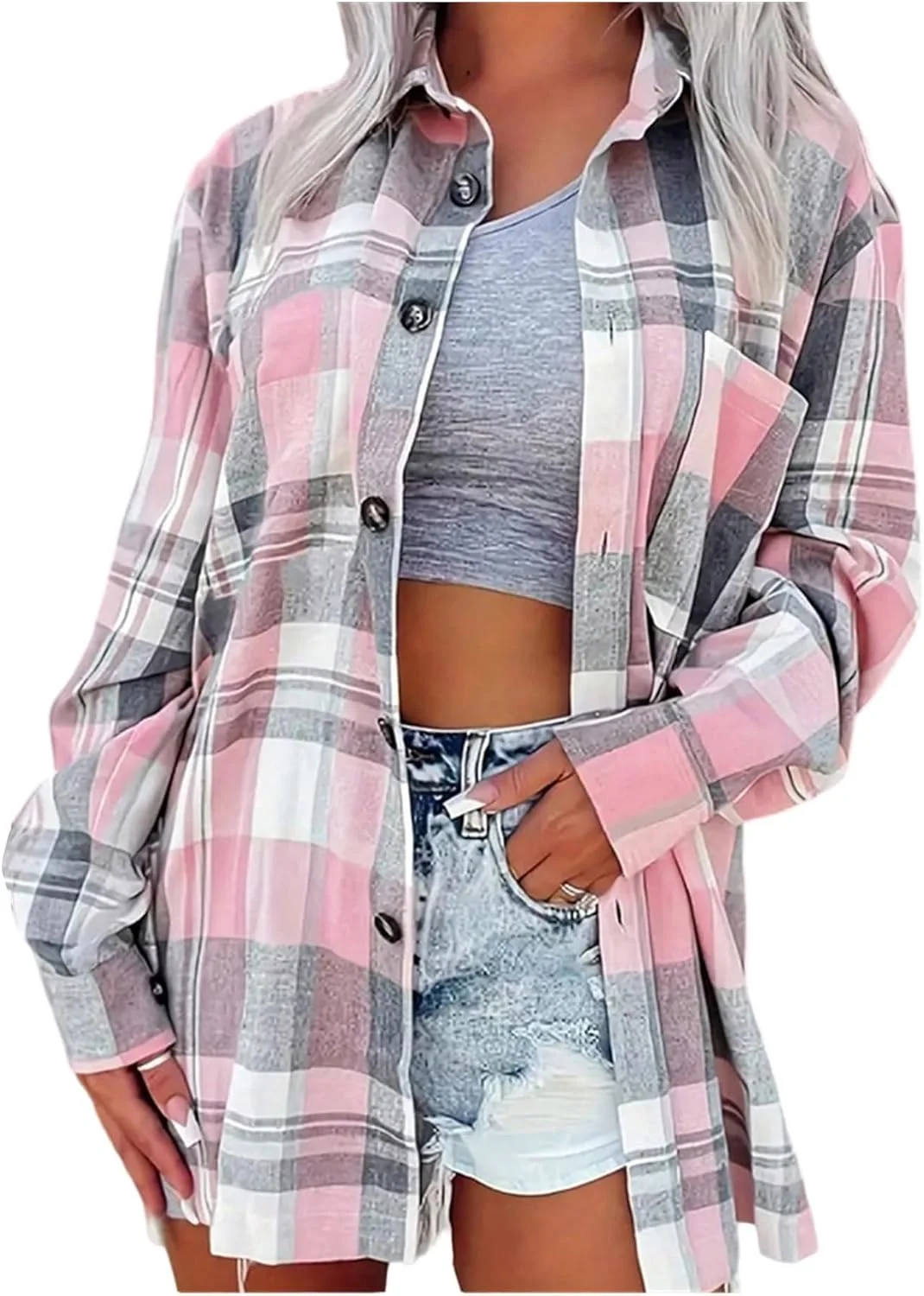 گورگلیتر بلوز زنانه چهارخانه دکمه دار آستین بلند یقه دار با جیب گورگلیتر بلوز زنانه چهارخانه دکمه دار آستین بلند یقه دار با جیب