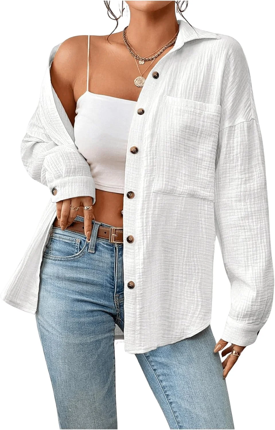 پیراهن دکمه دار آستین بلند زنانه گورگلیتر، یقه دار، دارای جیب، بلوز غیر رسمی پیراهن دکمه دار آستین بلند زنانه گورگلیتر، یقه دار، دارای جیب، بلوز غیر رسمی