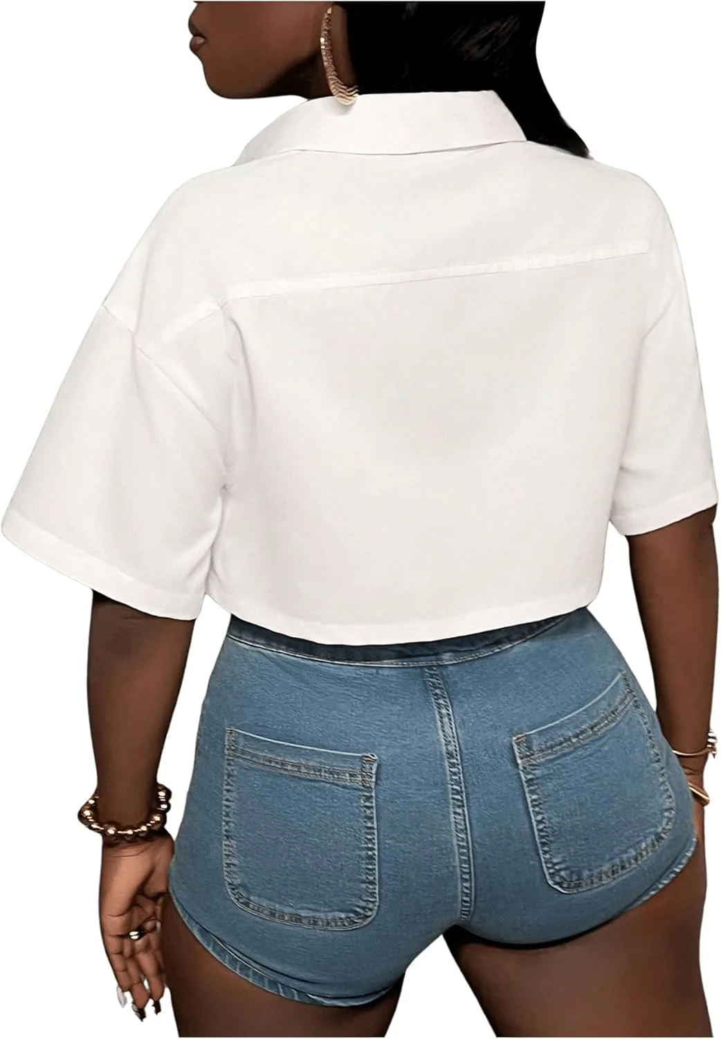 بلوز نیم تنه دکمه دار یقه دار زنانه گورگلیتر آستین کوتاه با جیب، سفید، L