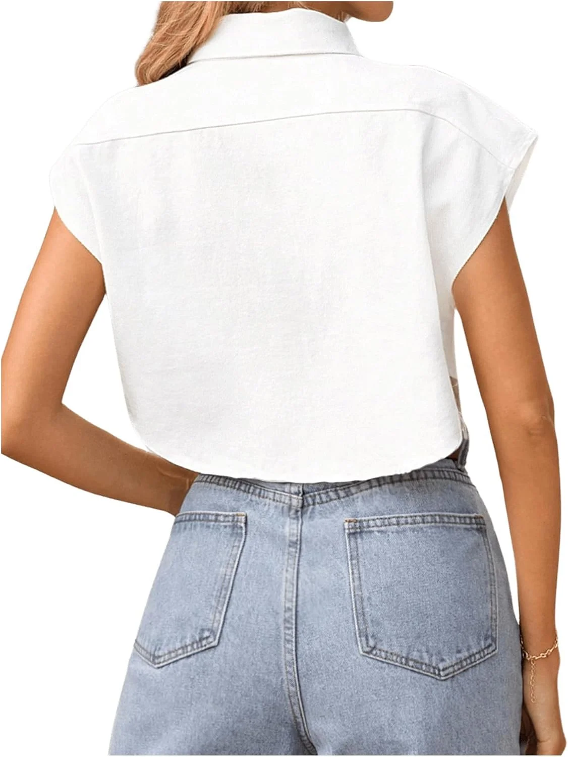 GORGLITTER بلوز دکمه دار زنانه، آستین کوتاه، یقه دار، مدل کراپ، دارای جیب و طراحی نامتقارن