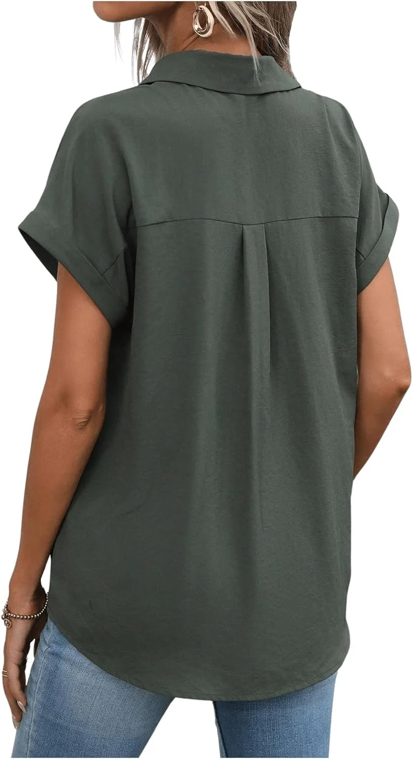 بلوز آستین کوتاه زنانه GORGLITTER دکمه دار یقه دار مناسب تابستان