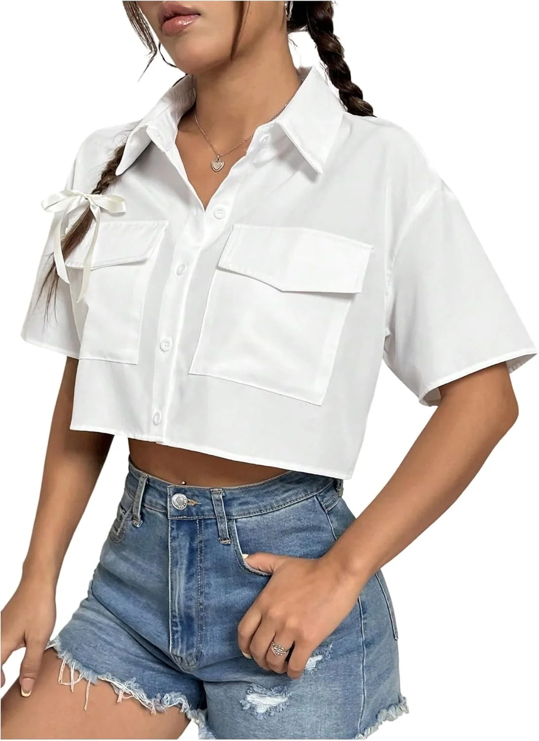 گورگلیتر بلوز کوتاه آستین کوتاه زنانه دکمه دار یقه دار پیراهن غیر رسمی با جیب
