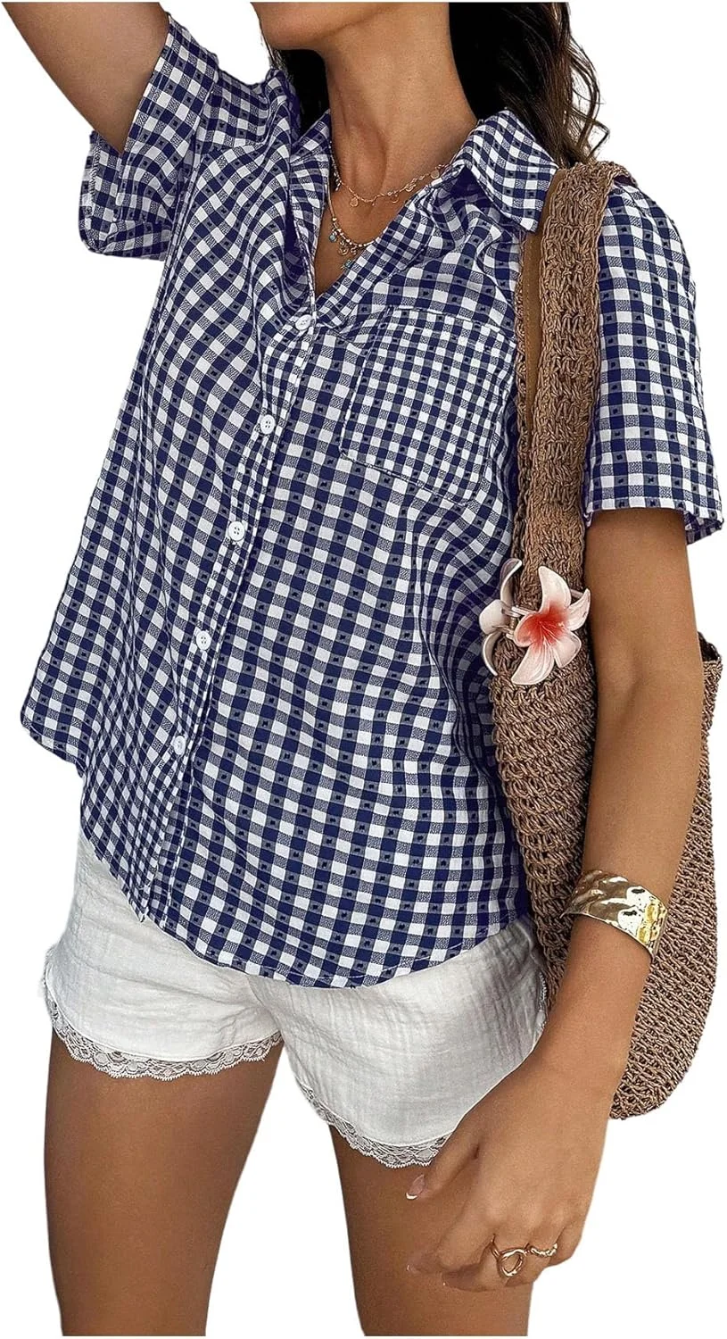 GORGLITTER بلوز زنانه چهارخانه آستین کوتاه یقه برگردان دکمه دار مناسب تابستان