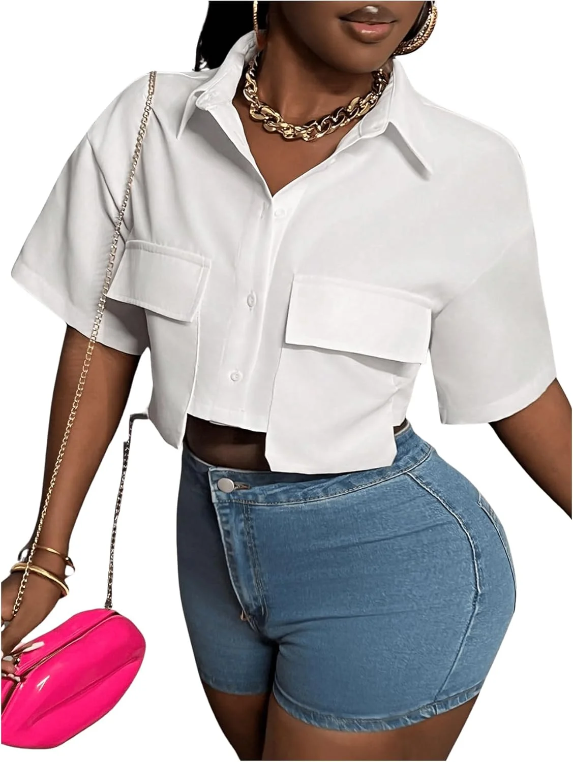 بلوز نیم تنه دکمه دار یقه دار زنانه گورگلیتر آستین کوتاه با جیب، سفید، L