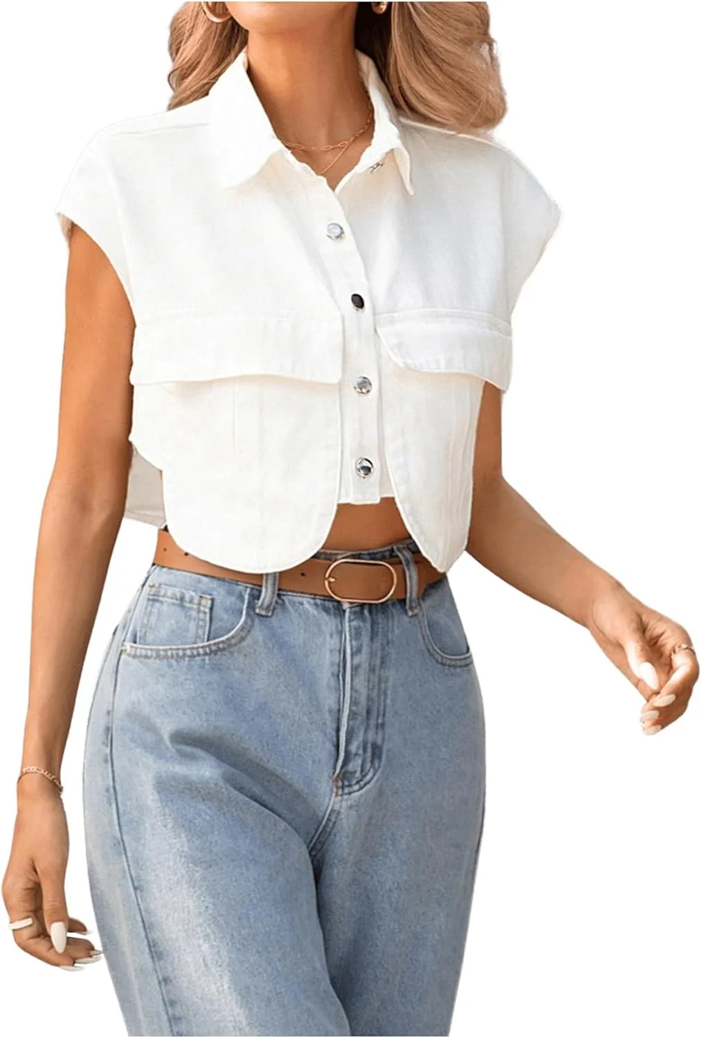GORGLITTER بلوز دکمه دار زنانه، آستین کوتاه، یقه دار، مدل کراپ، دارای جیب و طراحی نامتقارن