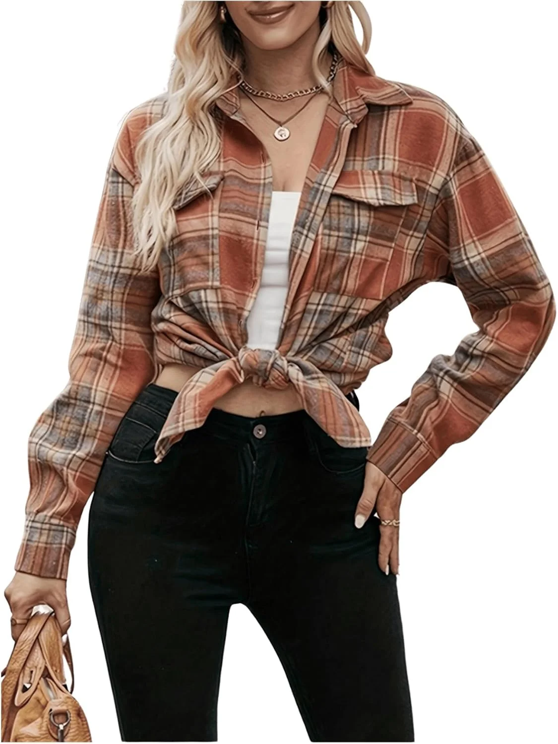 GORGLITTER بلوز آستین بلند دکمه دار چهارخانه زنانه با یقه و جیب