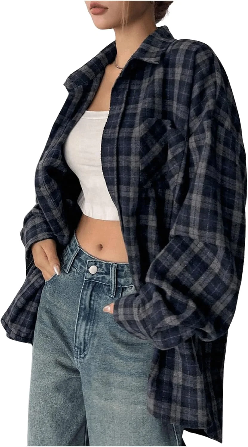 پیراهن زنانه گورگلیتر، آستین بلند، دکمه دار، طرح چهارخانه، یقه دار، مناسب استایل خیابانی و دارای جیب