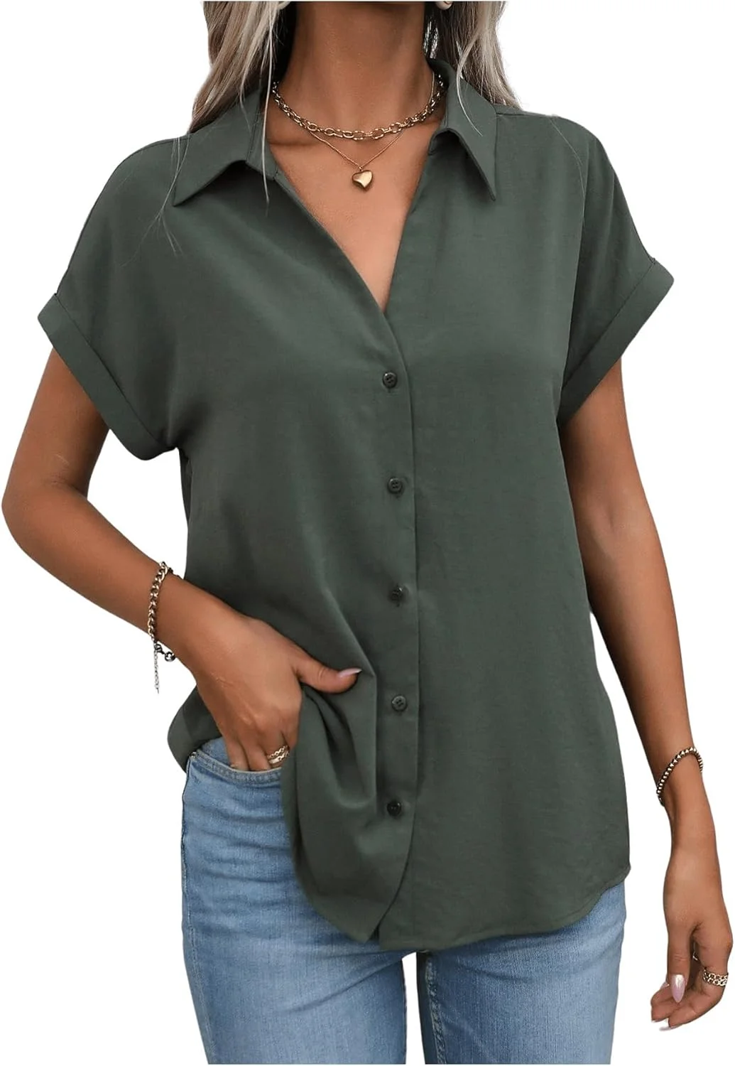 بلوز آستین کوتاه زنانه GORGLITTER دکمه دار یقه دار مناسب تابستان