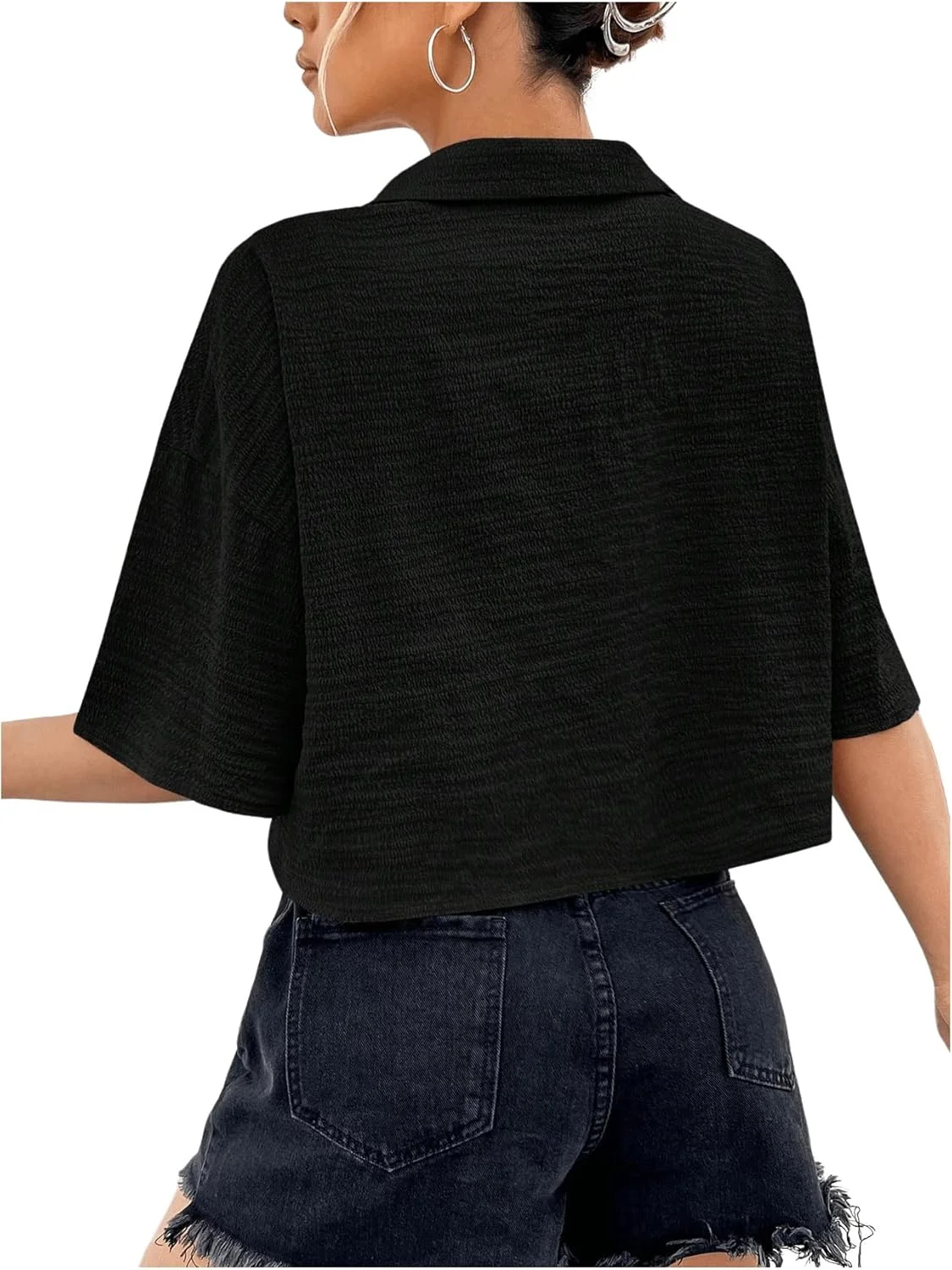 GORGLITTER بلوز دکمه دار زنانه با جیب و یقه، آستین کوتاه، مدل کراپ