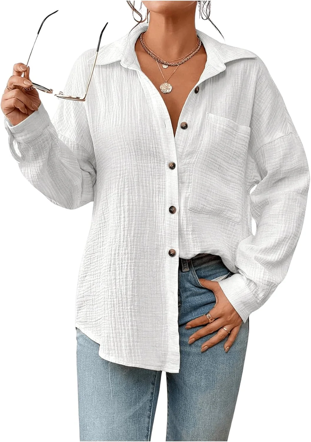 پیراهن دکمه دار آستین بلند زنانه گورگلیتر، یقه دار، دارای جیب، بلوز غیر رسمی