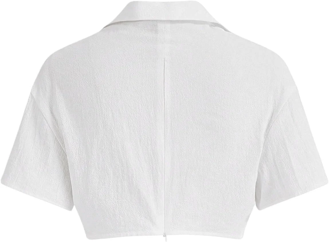 بلوز کراپ زنانه گره‌ای جلو دکمه‌دار یقه دار GORGLITTER آستین کوتاه با جیب پاکتی