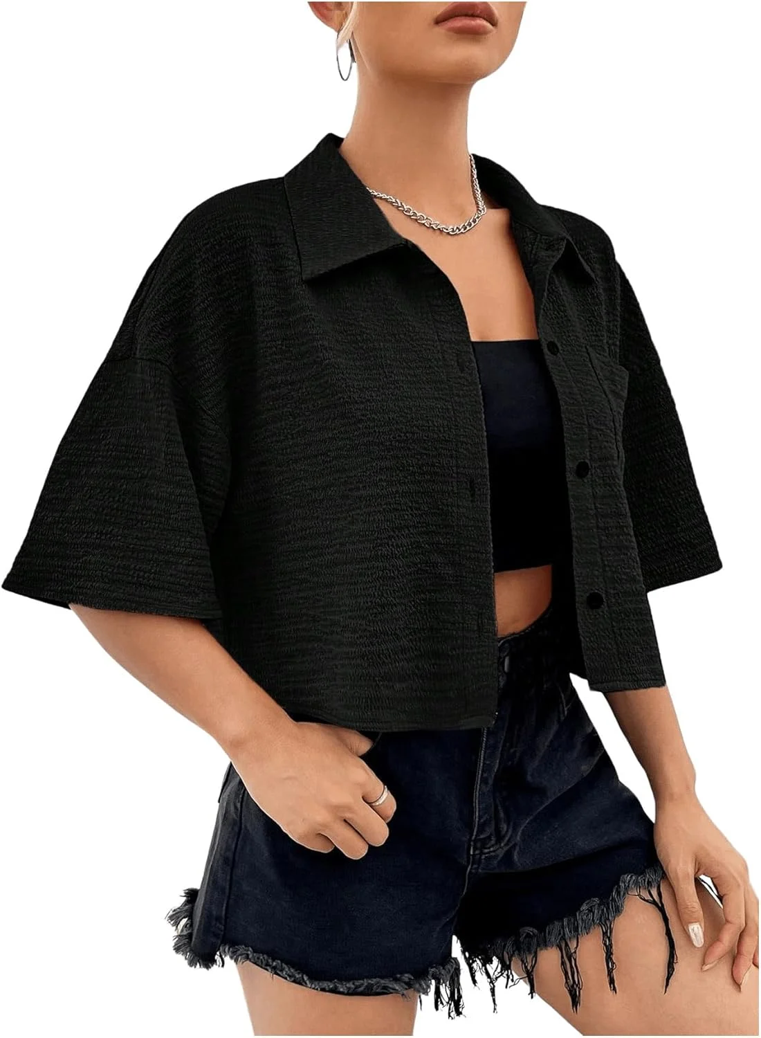 GORGLITTER بلوز دکمه دار زنانه با جیب و یقه، آستین کوتاه، مدل کراپ