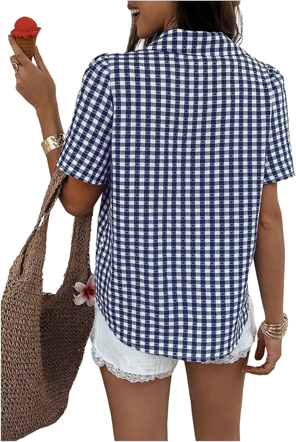 GORGLITTER بلوز زنانه چهارخانه آستین کوتاه یقه برگردان دکمه دار مناسب تابستان