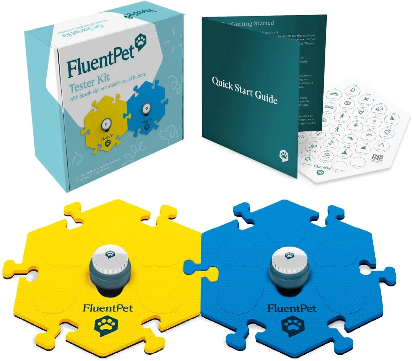 کیت تست دکمه صوتی FluentPet - دکمه های سگ برای ارتباط - دکمه های سخنگوی جمع و جور برای سگ ها و گربه ها - مجموعه دکمه سخنگو سگ با 2 دکمه قابل ضبط و 2 پد تخته صدا شش ضلعی فشرده