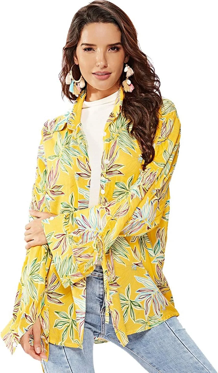 HZSONNE بلوز کیمونویی زنانه طرح گلدار دکمه دار آستین بلند گشاد مناسب ساحل