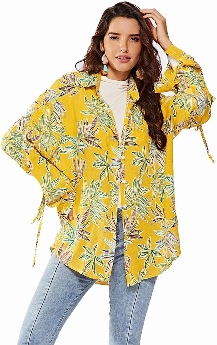 HZSONNE بلوز کیمونویی زنانه طرح گلدار دکمه دار آستین بلند گشاد مناسب ساحل