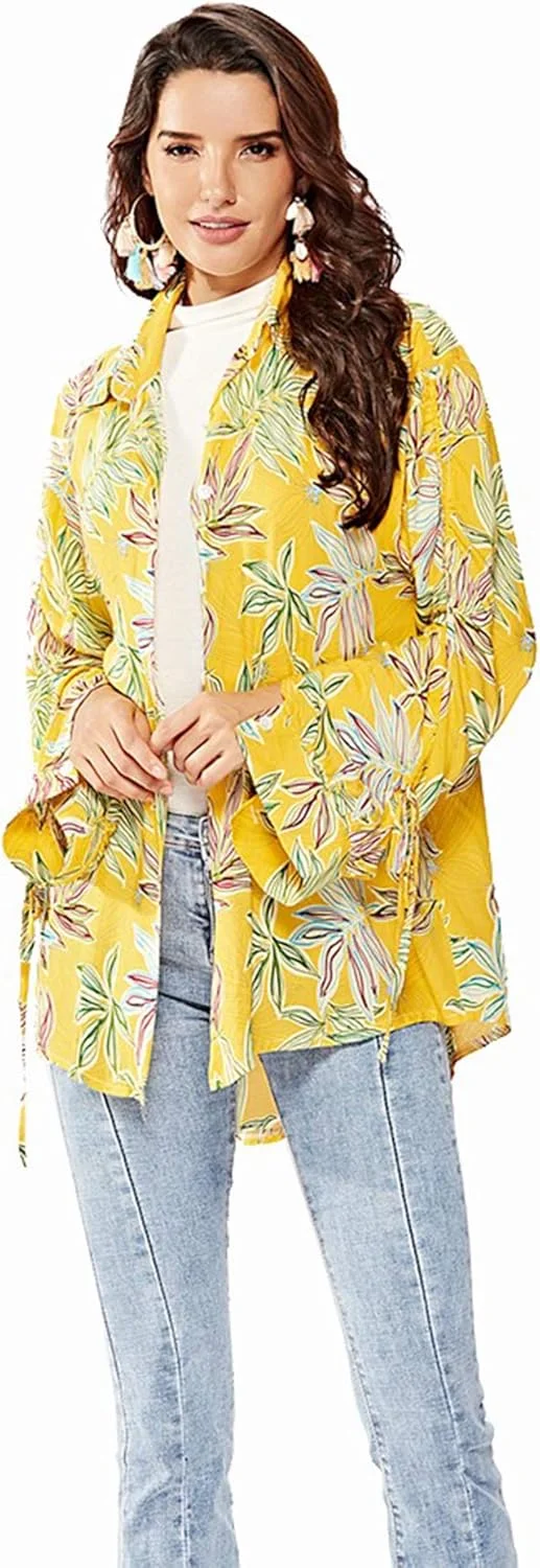 HZSONNE بلوز کیمونویی زنانه طرح گلدار دکمه دار آستین بلند گشاد مناسب ساحل