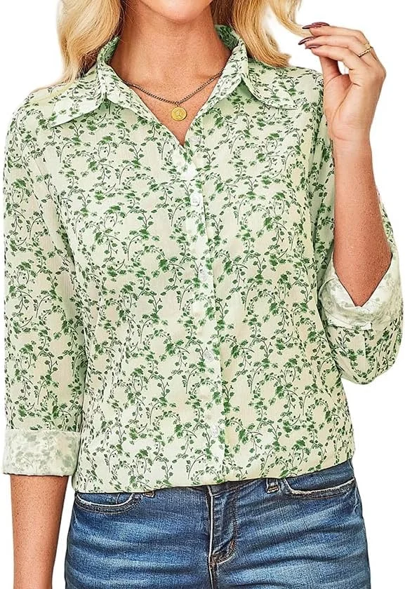 پیراهن زنانه گلدار دکمه دار IBAOTORONI، بلوز شیفون آستین بلند نرم و بدون چروک