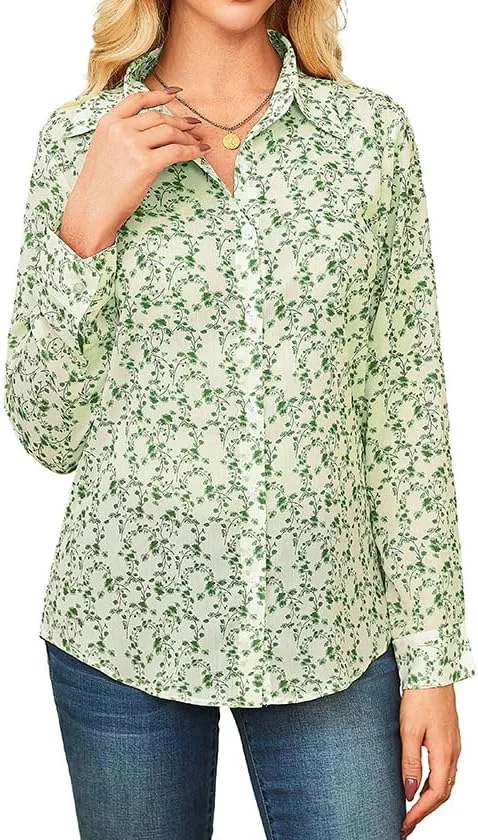 پیراهن زنانه گلدار دکمه دار IBAOTORONI، بلوز شیفون آستین بلند نرم و بدون چروک