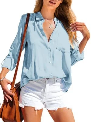 پیراهن زنانه Imily Bela، بلوز دکمه دار، آستین بلند، یقه برگردان، تاپ ساده با جیب سینه