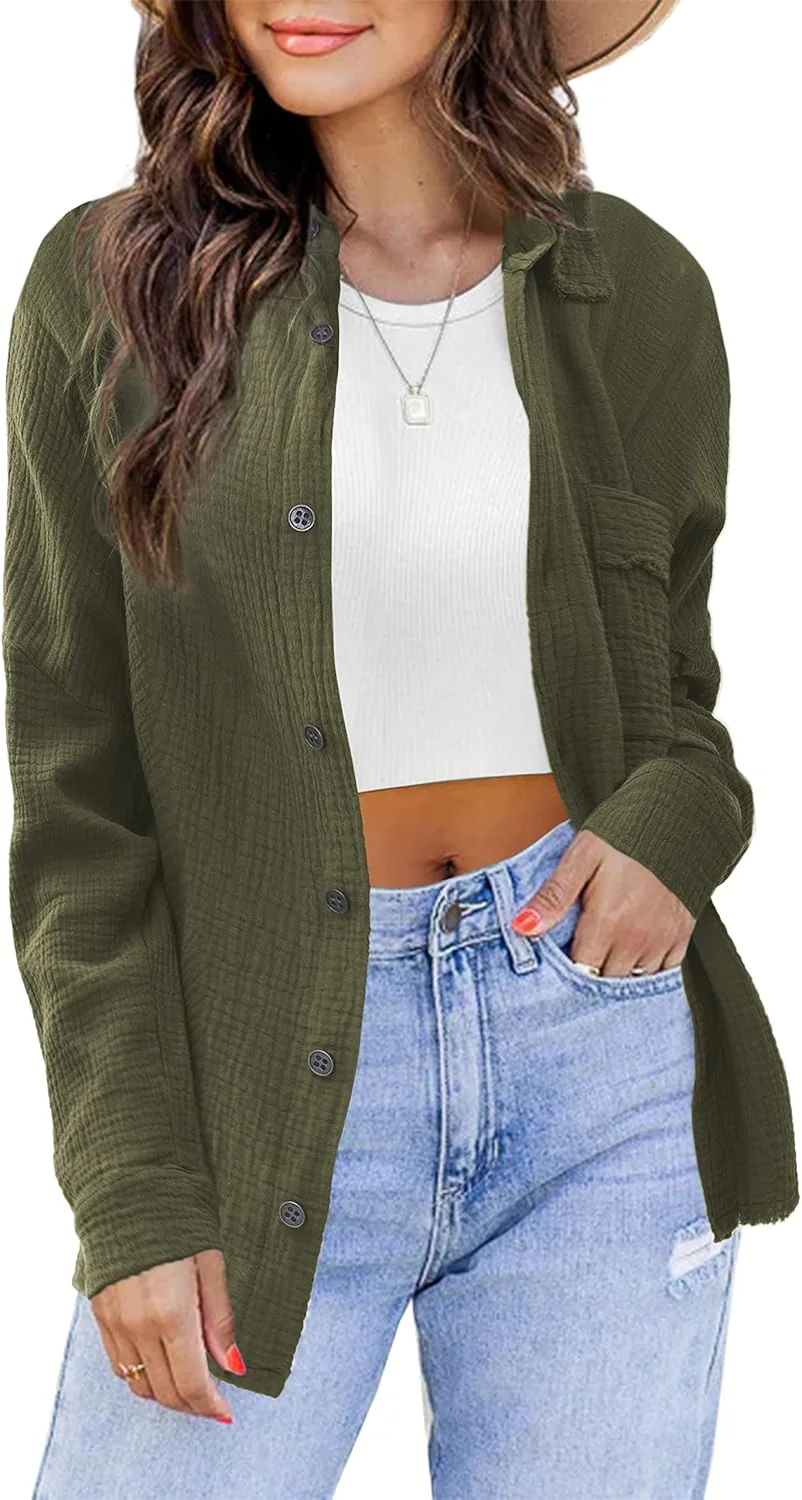 iGENJUN پیراهن زنانه آستین بلند دکمه دار لینن گازی مناسب برای تابستان، بلوز و تاپ، مدل های 2023