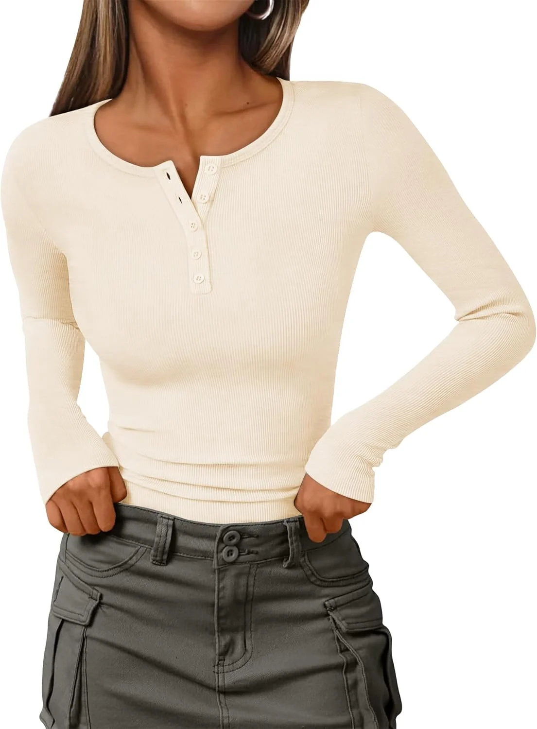 تاپ بافتنی آستین بلند زنانه IEEILULU، بلوز یقه هفت دکمه دار کبریتی، تونیک جذب و غیر رسمی زنانه