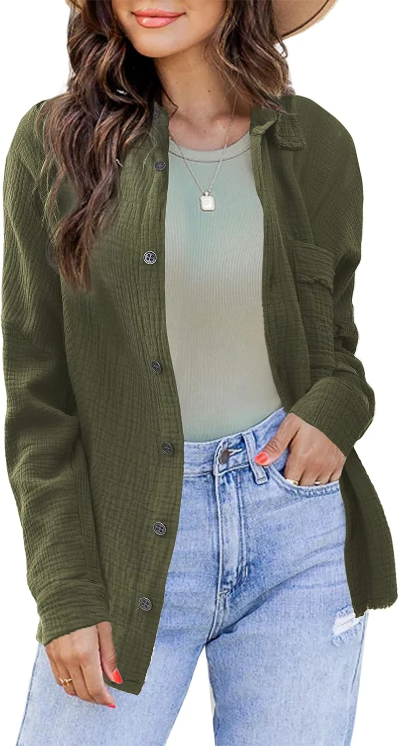 iGENJUN پیراهن زنانه آستین بلند دکمه دار لینن گازی مناسب برای تابستان، بلوز و تاپ، مدل های 2023