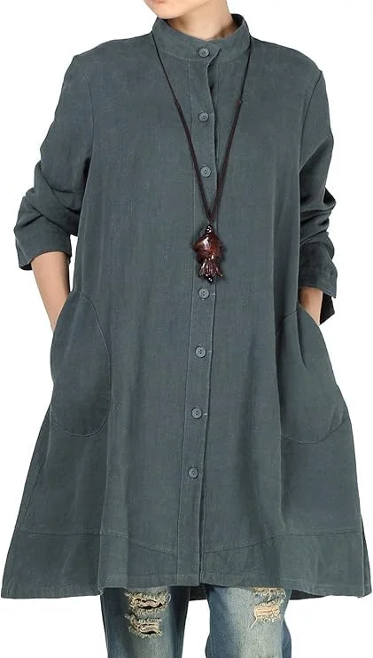 Laovanln پیراهن زنانه کتان، ژاکت دکمه دار آستین بلند، بلوز نخی با جیب