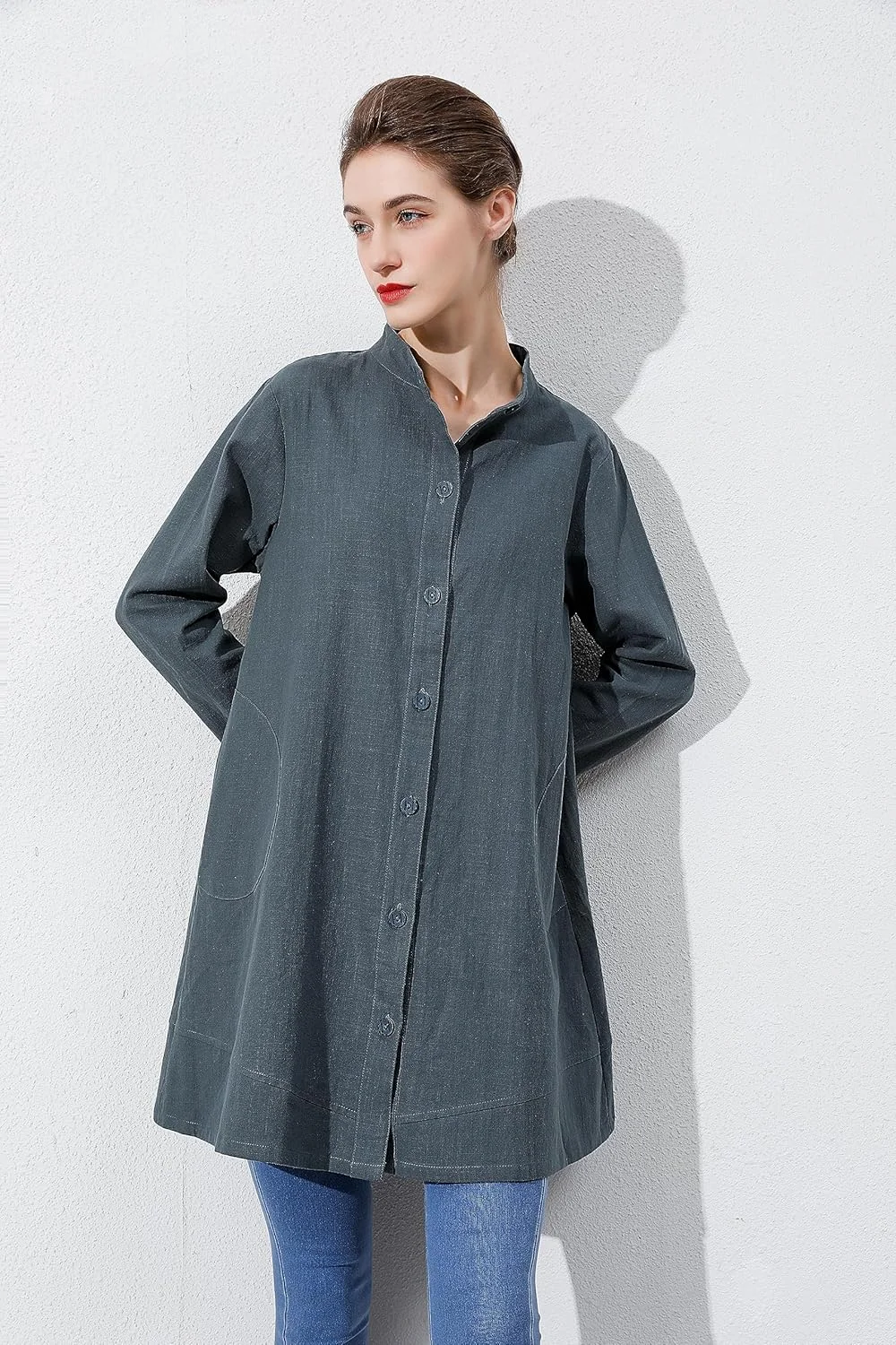 Laovanln پیراهن زنانه کتان، ژاکت دکمه دار آستین بلند، بلوز نخی با جیب