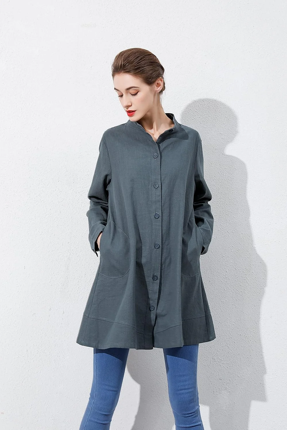 Laovanln پیراهن زنانه کتان، ژاکت دکمه دار آستین بلند، بلوز نخی با جیب